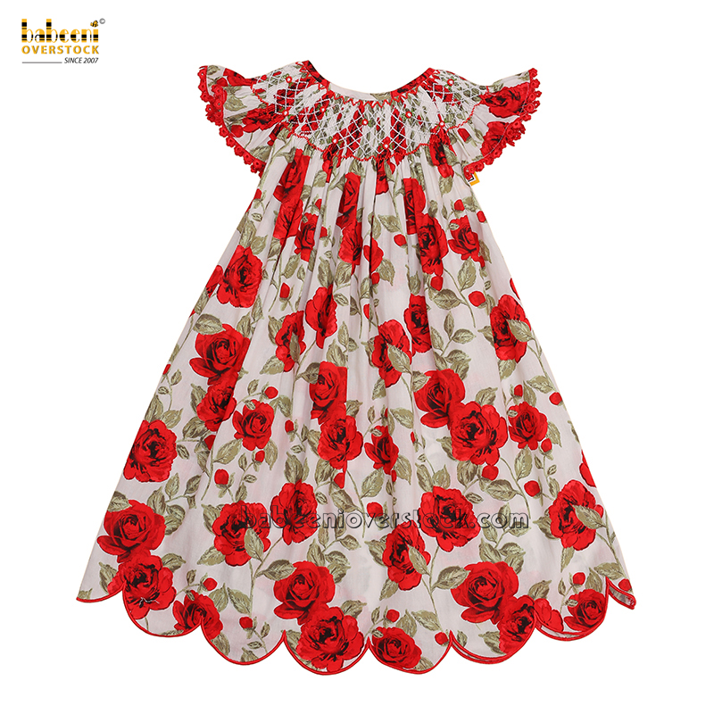 Vintage smocked dress bold red rose printed fabric - BB1684